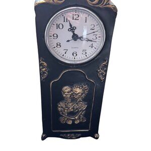 Goth Halloween  Mantel Clock Black And Gold Skeletons Accents